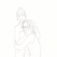 sketch of Xiu Xiu hugging Hei Xiazi